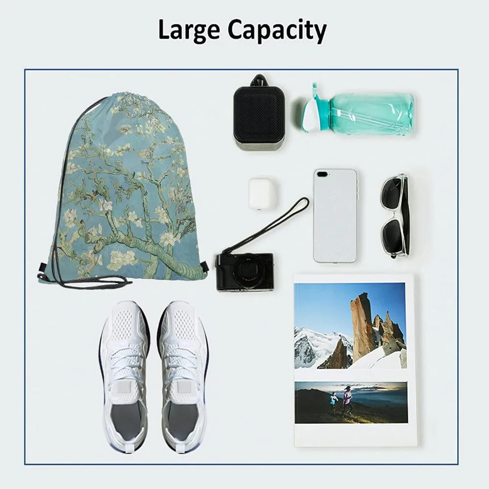 Apricot Blossom Drawstring Bags Backpack Bag Van Gogh Blooming Flowers Spring Branch Romantic Style Elegant Painting Sport Gym Sack Drawstring Bag String Bag Yoga Bag for Men Women