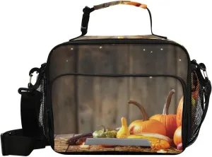 Aslsiy Lunch Bag for Women Thanksgiving Wood Insulated Lunch Box Pumpkin and Harvest Handbag with Adjustable Shoulder Strap for Office Picnic Travel