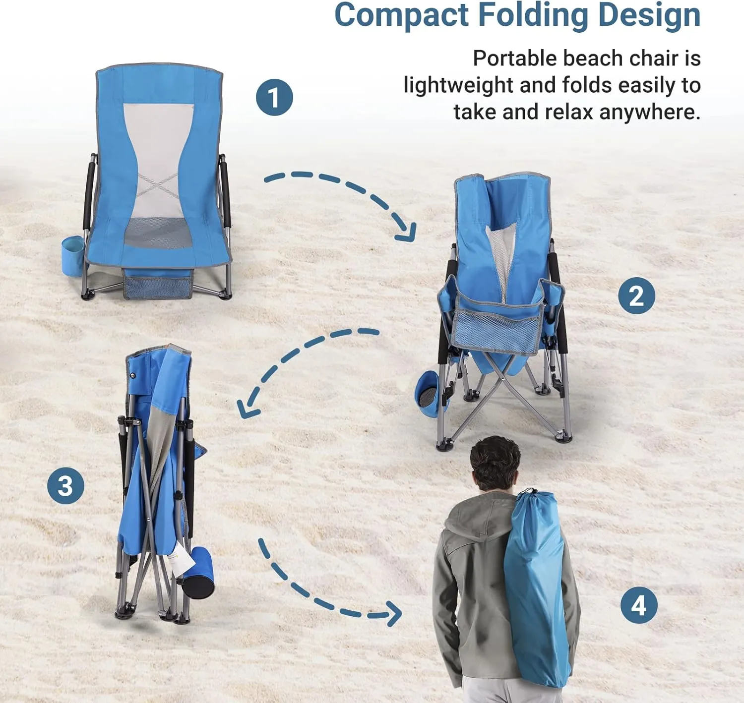 AsterOutdoor Low Sling Beach Chair Folding Lightweight Mesh Back Sand Chair for Camping Outdoor Lawn, Carry Bag Included, Supports 250lbs