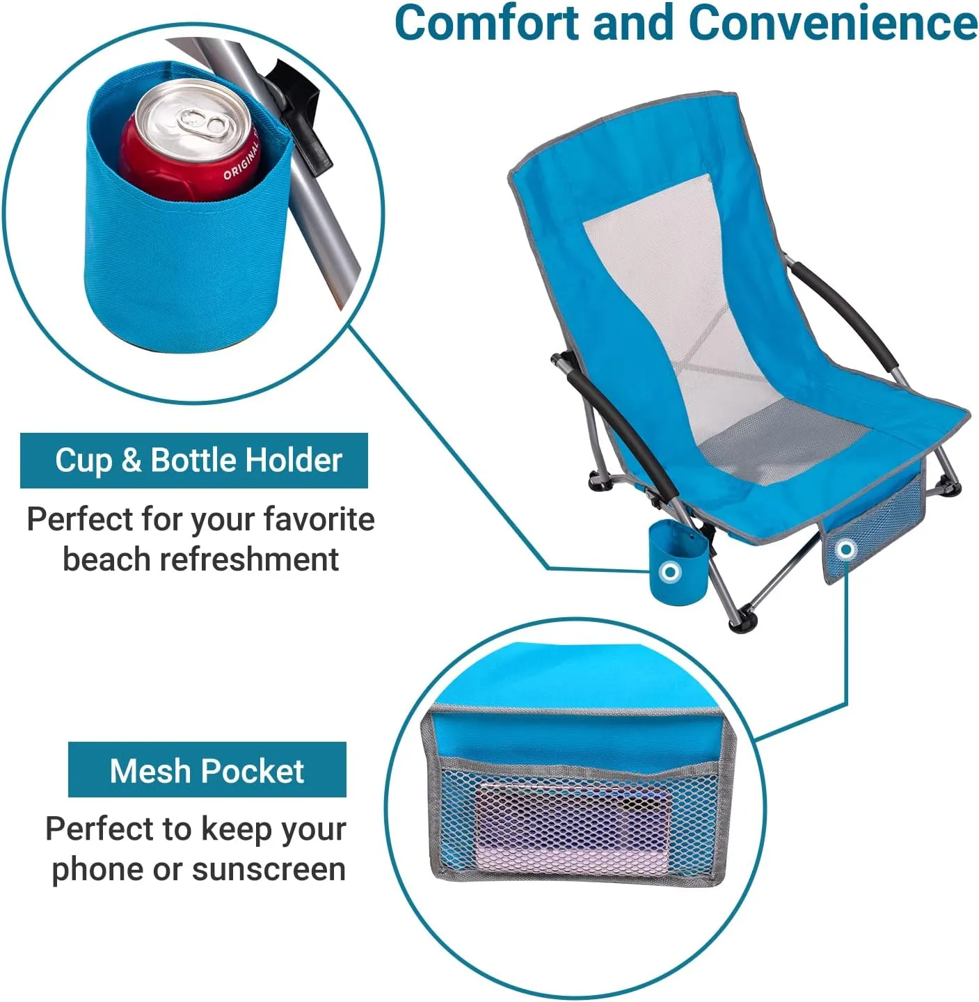 AsterOutdoor Low Sling Beach Chair Folding Lightweight Mesh Back Sand Chair for Camping Outdoor Lawn, Carry Bag Included, Supports 250lbs