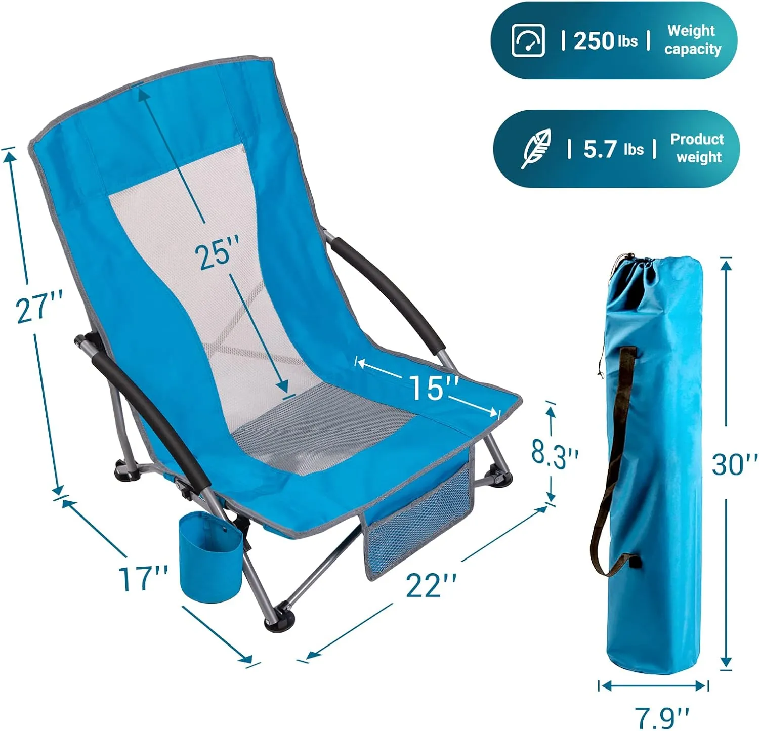AsterOutdoor Low Sling Beach Chair Folding Lightweight Mesh Back Sand Chair for Camping Outdoor Lawn, Carry Bag Included, Supports 250lbs