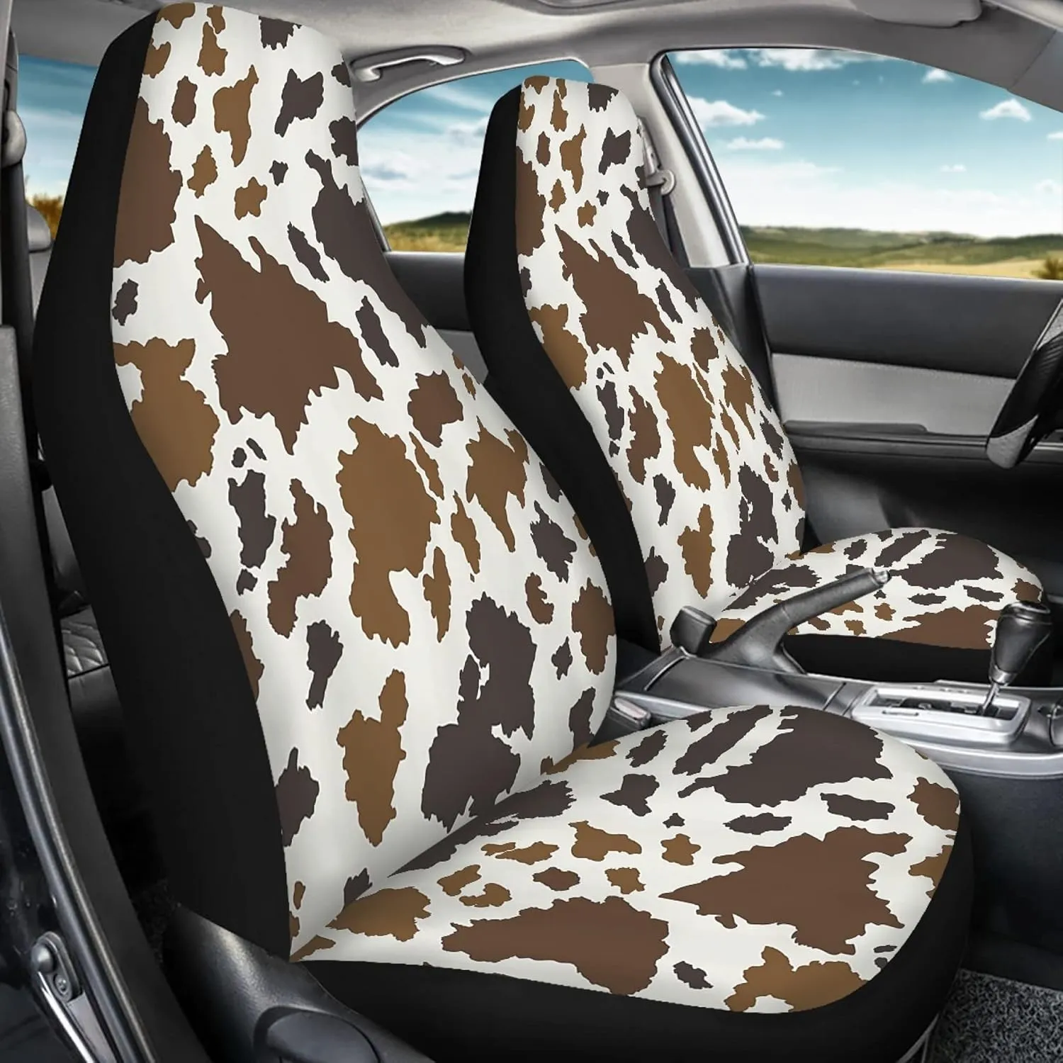 Auto Seat Covers, Brown Cowhide Design Car Accessories for Interior Decor, Front Seat Covers Full Set, Universal Fit Most Cars Women Men