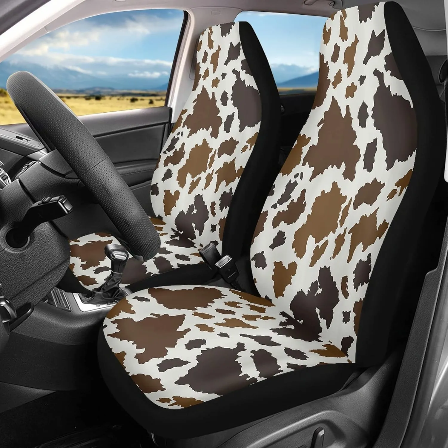 Auto Seat Covers, Brown Cowhide Design Car Accessories for Interior Decor, Front Seat Covers Full Set, Universal Fit Most Cars Women Men