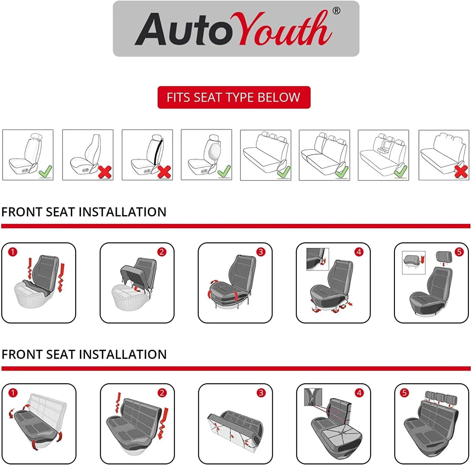 AUTOYOUTH Car Seat Covers for Front Seats, Breathable and Washable Bucket Seat Covers for Cars, Truck, SUV, Vans Airbag Compatible Automotive Interior Covers, Black…