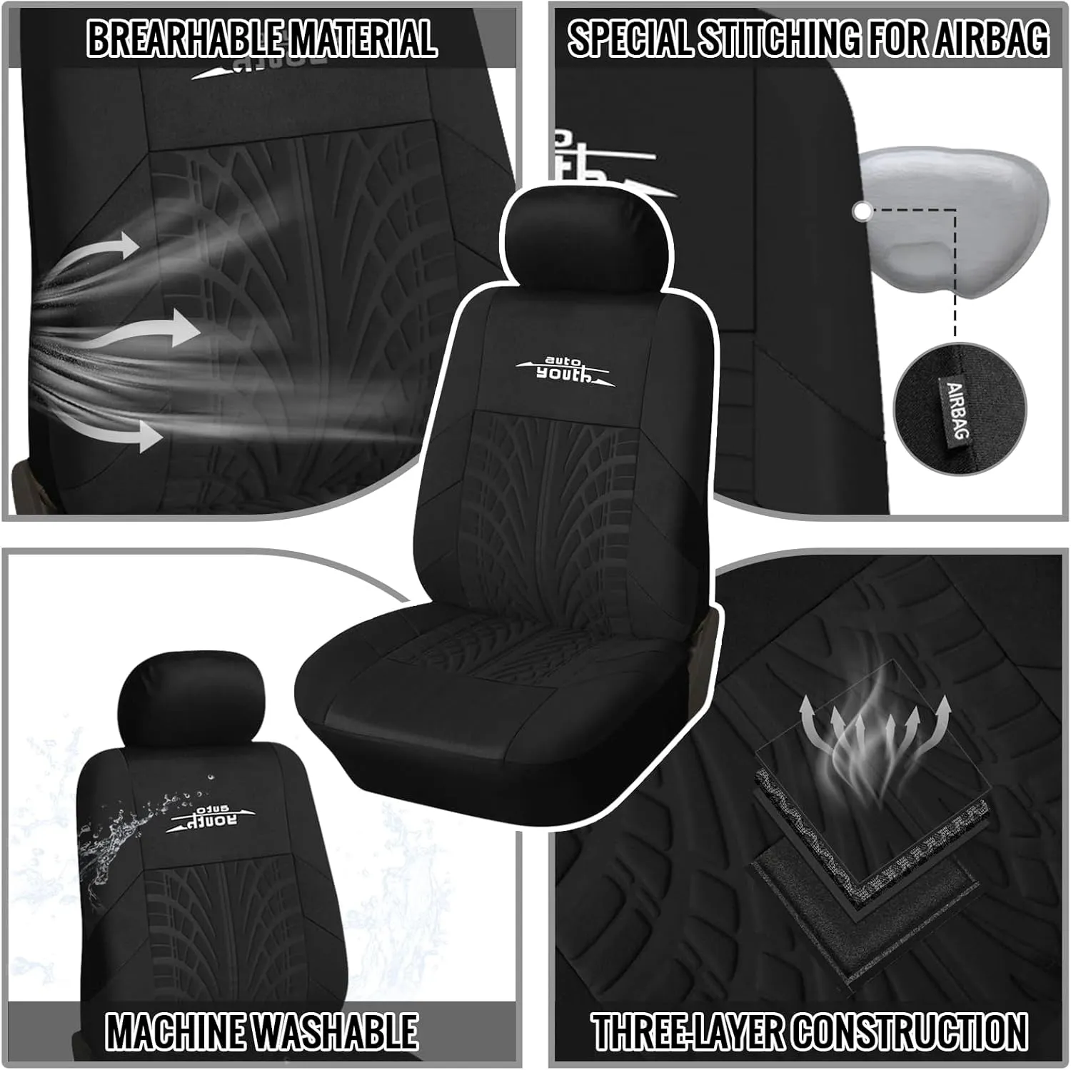 AUTOYOUTH Car Seat Covers for Front Seats, Breathable and Washable Bucket Seat Covers for Cars, Truck, SUV, Vans Airbag Compatible Automotive Interior Covers, Black…