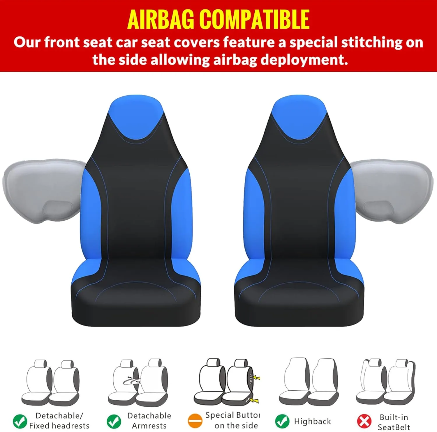 AUTOYOUTH High Back Bucket Seat Covers Front Seats Only Universal Fit Airbag Compatible Fit for Vehicles, Auto, Suvs, Trucks, Sedans, Vans, Cars, Set of 2, Blue