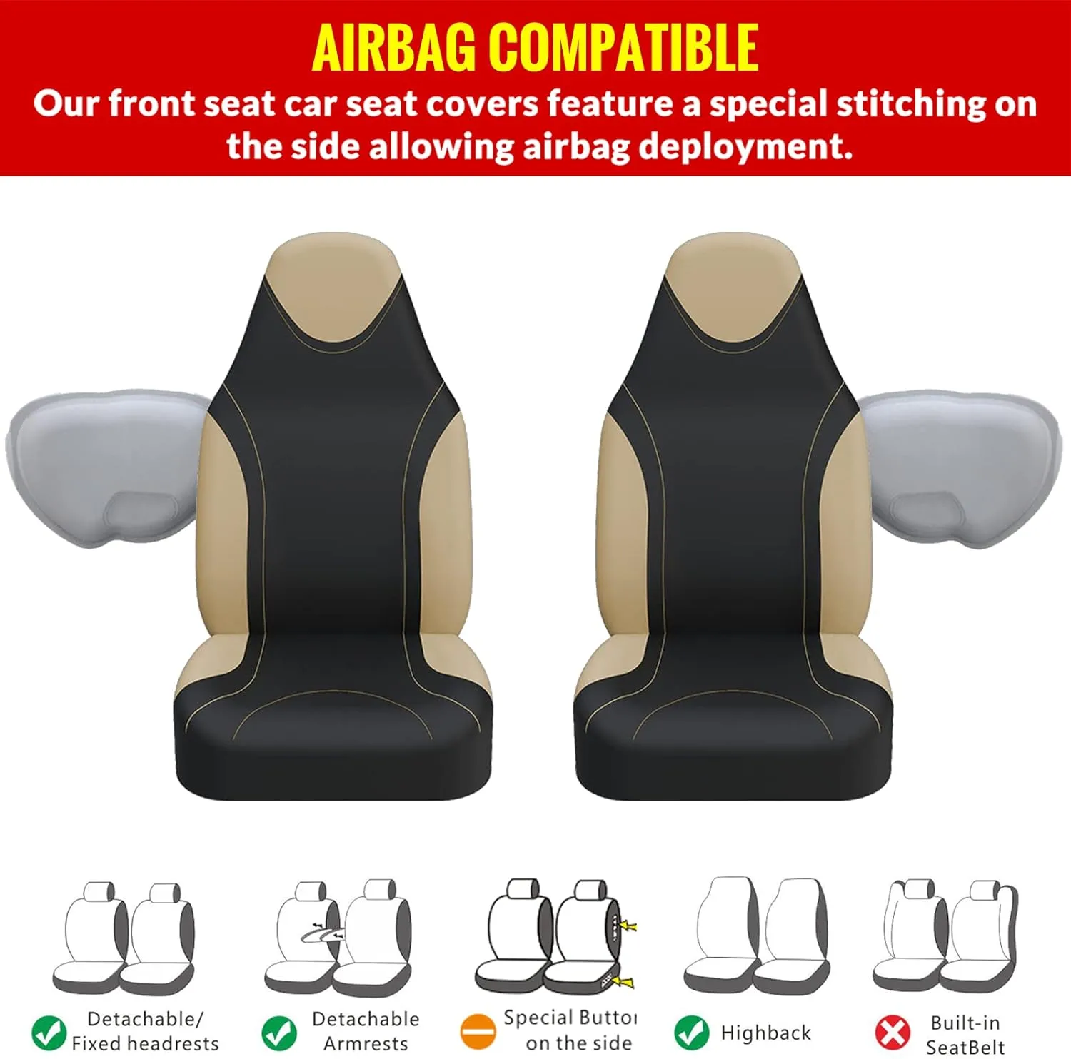 AUTOYOUTH High Back Bucket Seat Covers Universal Fit Car Seat Cover for Front Only Airbag Compatible Fit for Vehicles, Auto, Suvs, Trucks, Sedans, Vans, Cars,Set of 2, Beige