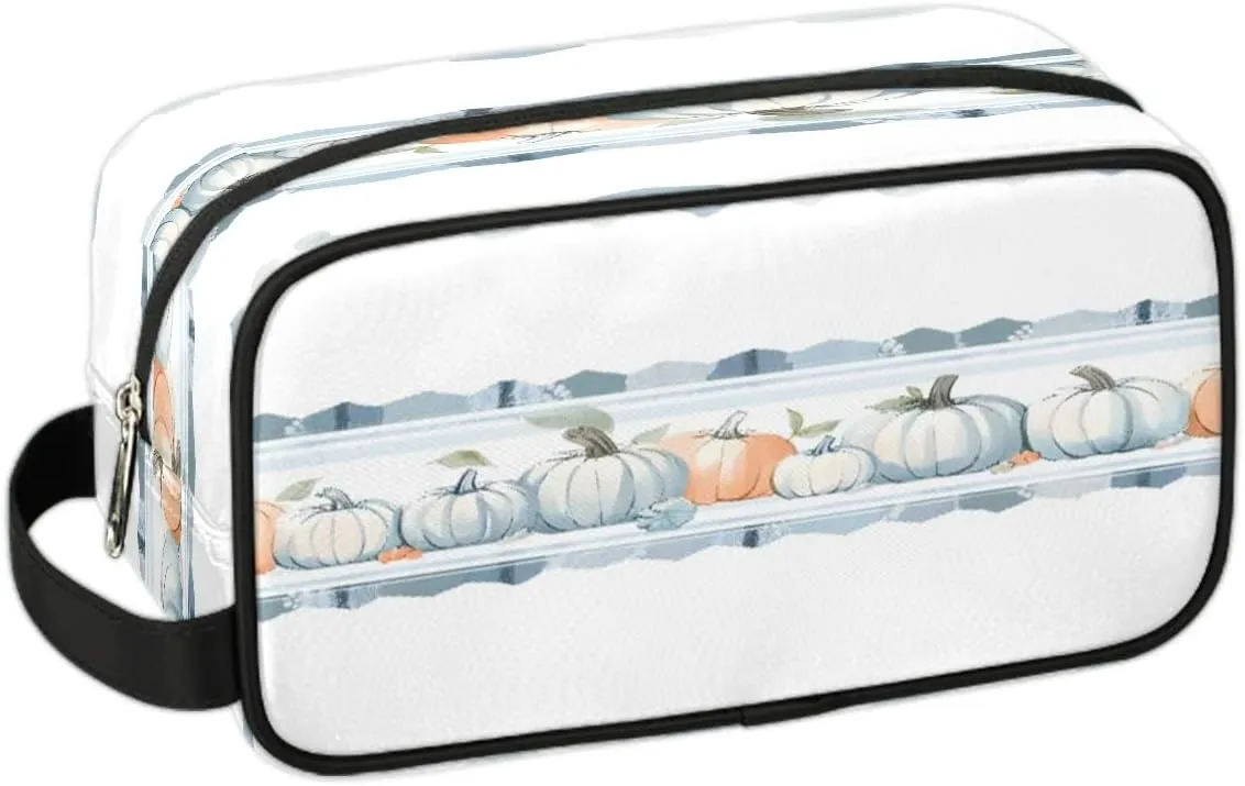 Autumn Harvest White Pumpkin Travel Toiletry Bag for Women Men Waterproof Cosmetic Makeup Bag Shaving Bag Storage Bags with Handle for Toiletries and Shaving Accessories
