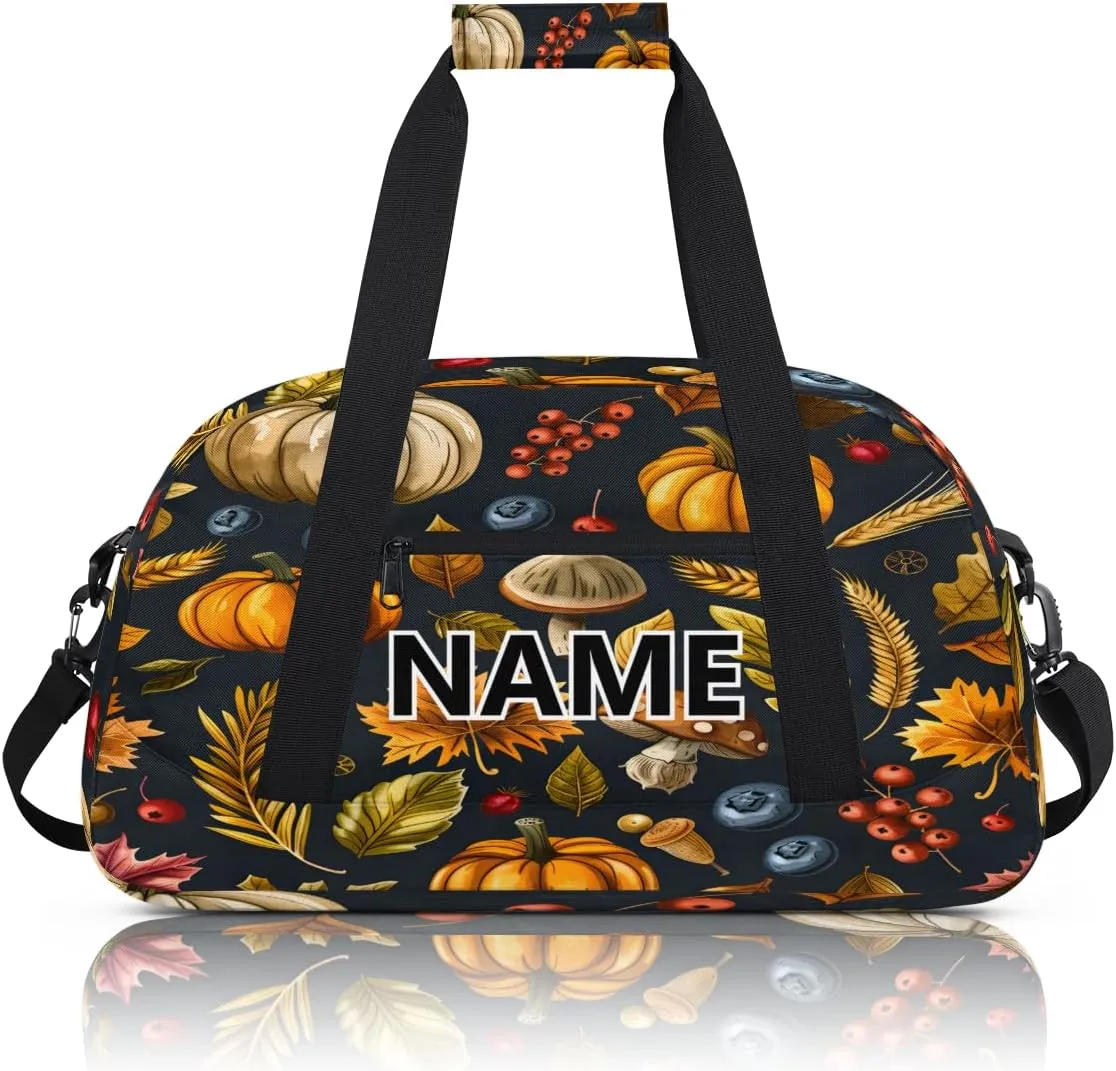 Autumns Thanksgiving Mini Gym Bag 18 inch for Women Men Waterproof Custom Fall Leaves Pumpkin Travel Duffel Bag Carry On Overnight Tote Nurse Bag for Work Fitness Hiking