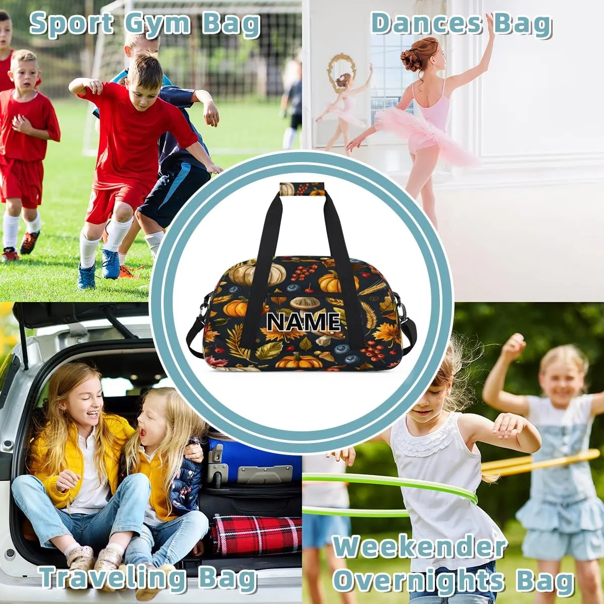 Autumns Thanksgiving Mini Gym Bag 18 inch for Women Men Waterproof Custom Fall Leaves Pumpkin Travel Duffel Bag Carry On Overnight Tote Nurse Bag for Work Fitness Hiking