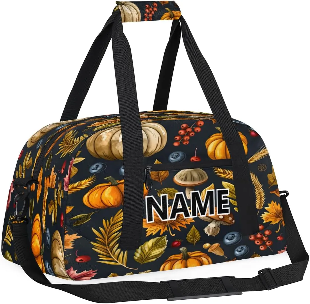 Autumns Thanksgiving Mini Gym Bag 18 inch for Women Men Waterproof Custom Fall Leaves Pumpkin Travel Duffel Bag Carry On Overnight Tote Nurse Bag for Work Fitness Hiking