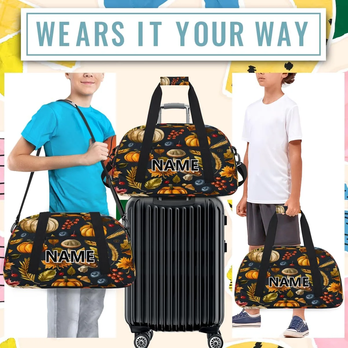 Autumns Thanksgiving Mini Gym Bag 18 inch for Women Men Waterproof Custom Fall Leaves Pumpkin Travel Duffel Bag Carry On Overnight Tote Nurse Bag for Work Fitness Hiking