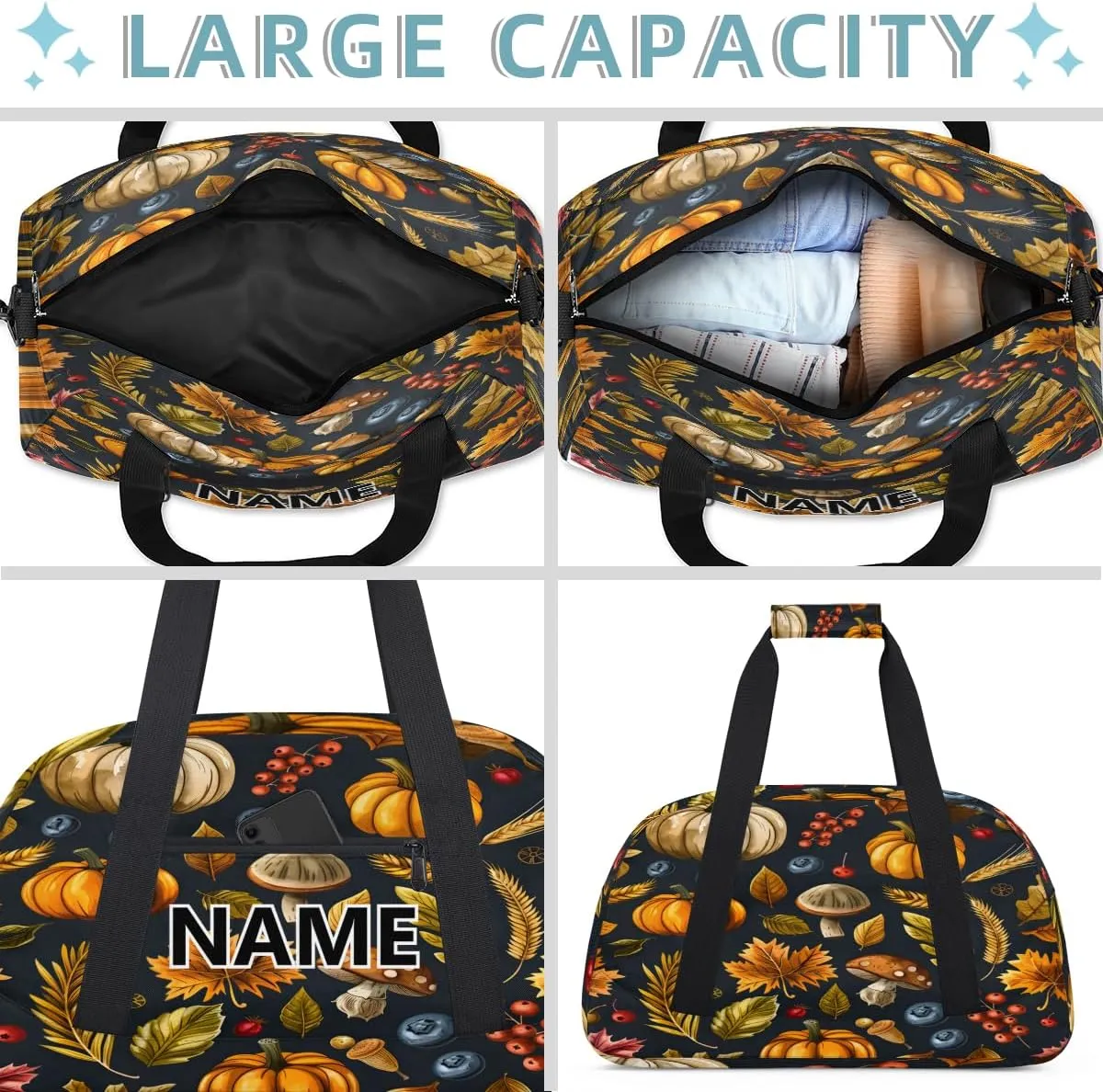 Autumns Thanksgiving Mini Gym Bag 18 inch for Women Men Waterproof Custom Fall Leaves Pumpkin Travel Duffel Bag Carry On Overnight Tote Nurse Bag for Work Fitness Hiking