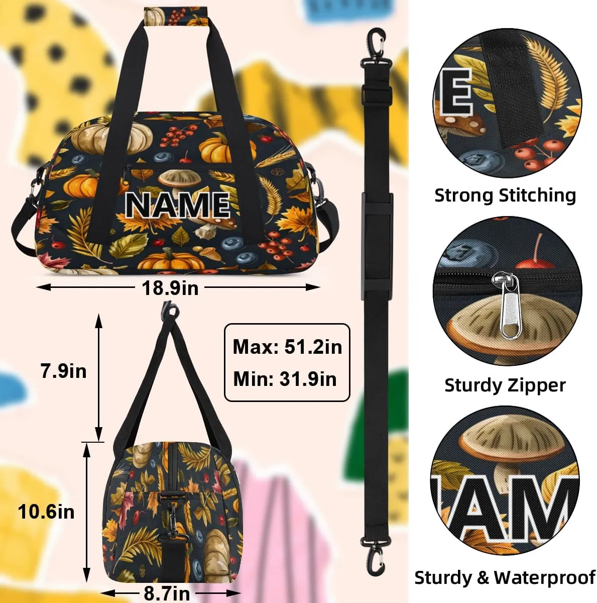Autumns Thanksgiving Mini Gym Bag 18 inch for Women Men Waterproof Custom Fall Leaves Pumpkin Travel Duffel Bag Carry On Overnight Tote Nurse Bag for Work Fitness Hiking