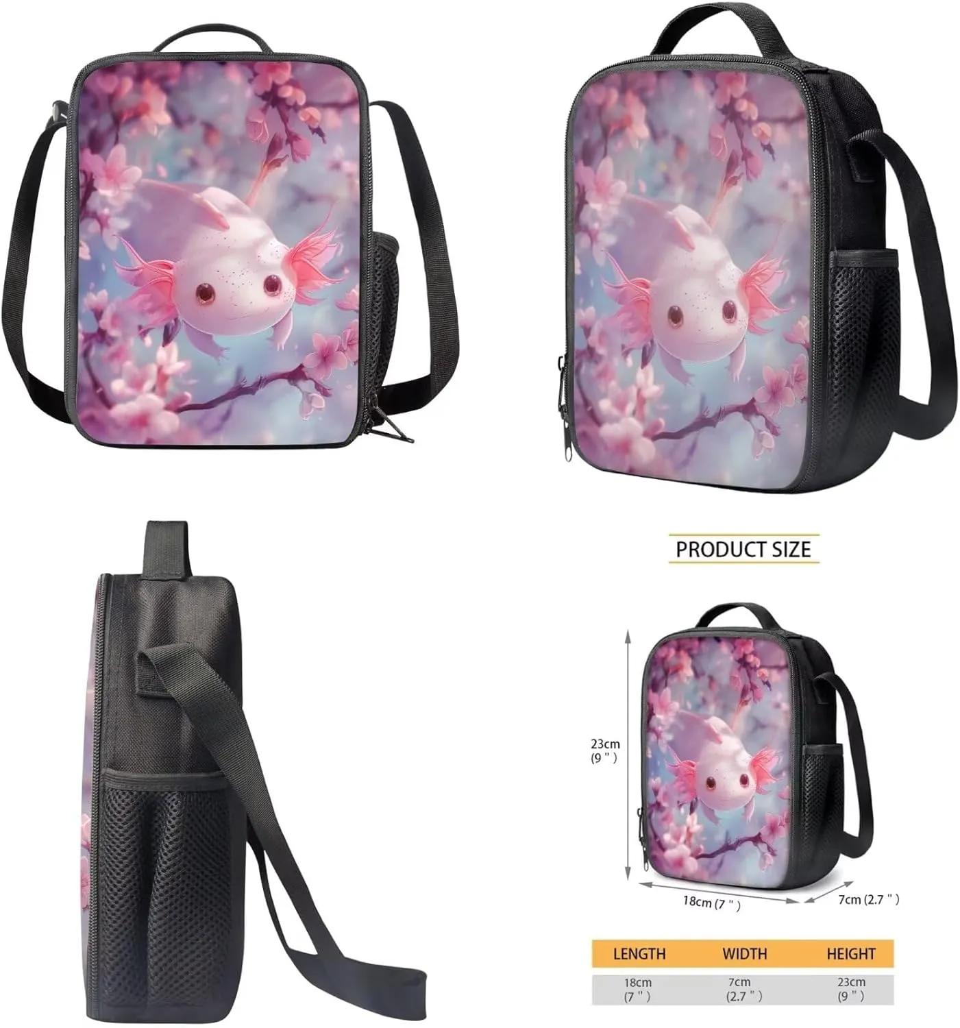 Axolotl Bookbag Set for Preschool Girls School Backpack with Lunchbox Pencil Case 6-8 Kids Cute Large School Bags Cherry Blossom Student Hiking Camping Backpacks Daypack