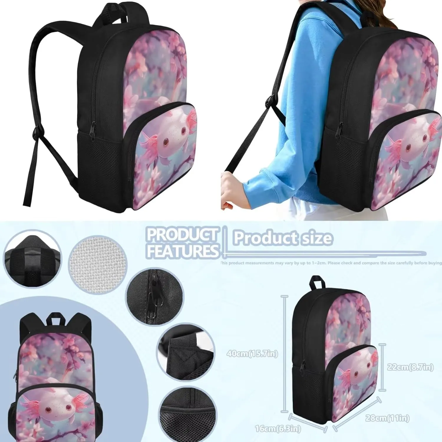 Axolotl Bookbag Set for Preschool Girls School Backpack with Lunchbox Pencil Case 6-8 Kids Cute Large School Bags Cherry Blossom Student Hiking Camping Backpacks Daypack
