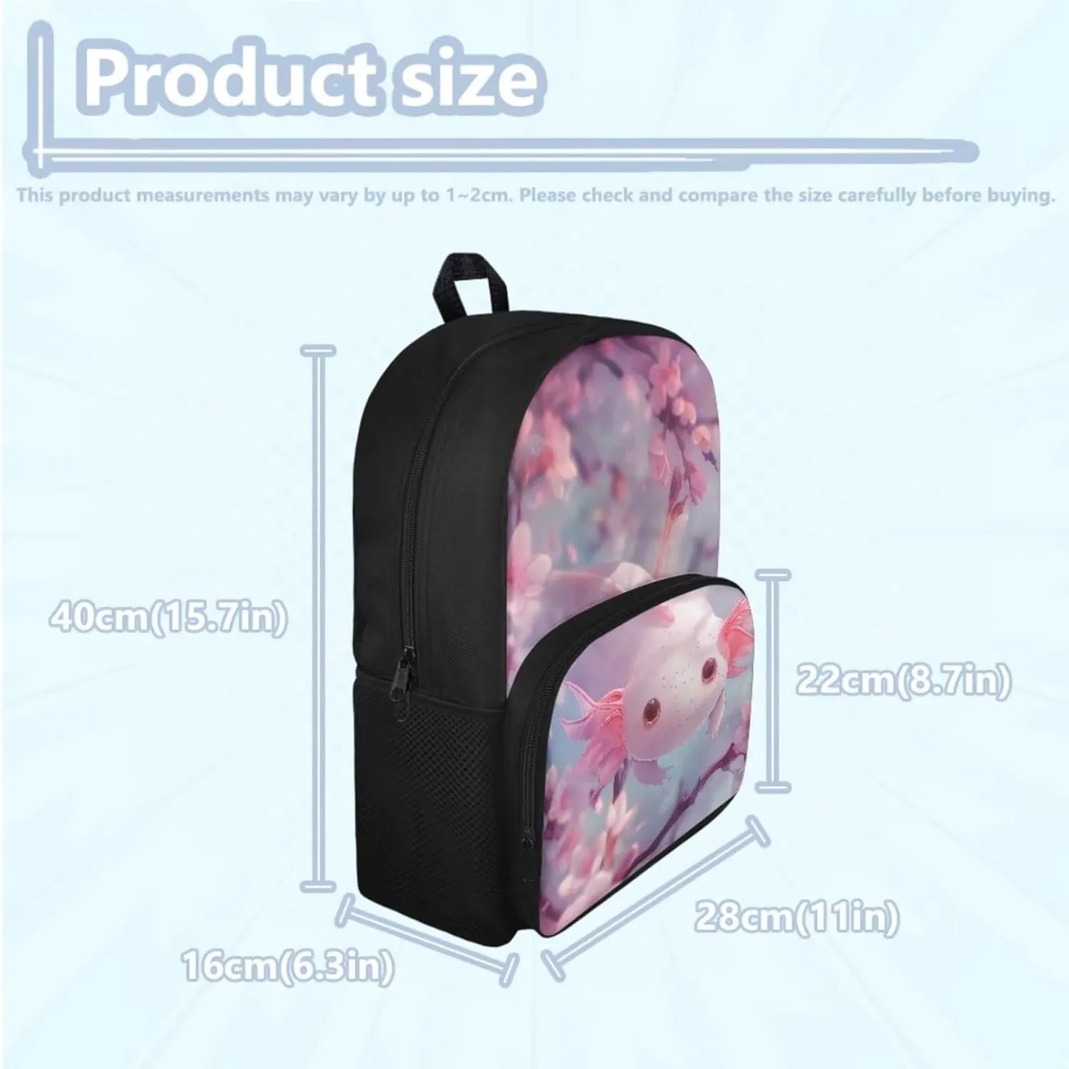 Axolotl Bookbag Set for Preschool Girls School Backpack with Lunchbox Pencil Case 6-8 Kids Cute Large School Bags Cherry Blossom Student Hiking Camping Backpacks Daypack