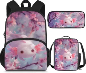 Axolotl Bookbag Set for Preschool Girls School Backpack with Lunchbox Pencil Case 6-8 Kids Cute Large School Bags Cherry Blossom Student Hiking Camping Backpacks Daypack