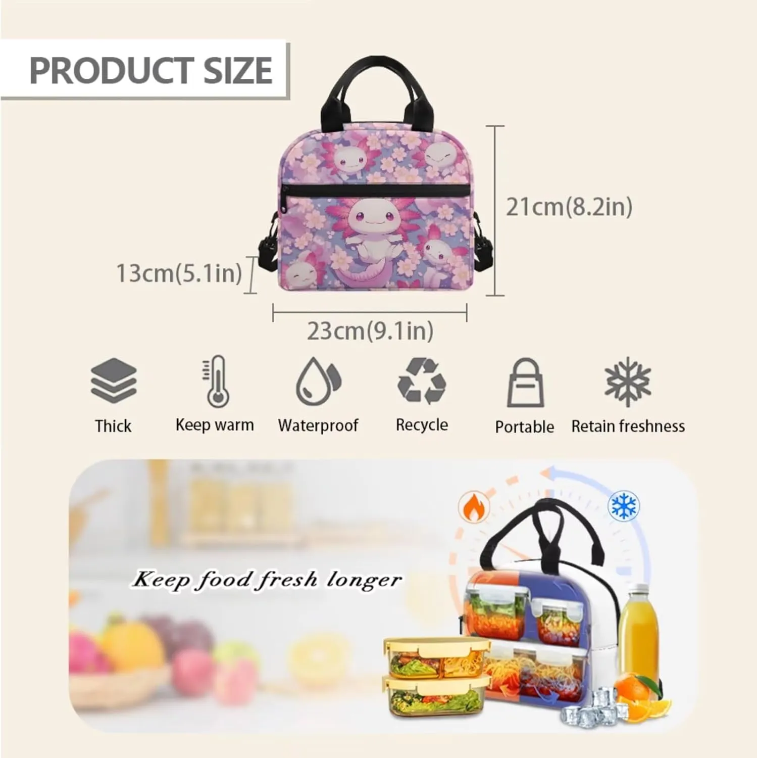 Axolotl Girls 3 PCS Backpack 4-6 Years Old Kawaii Pink School Bag for Preschool Girls 2nd Grade Cherry Blossom Teens Bookbag with Lunch Box