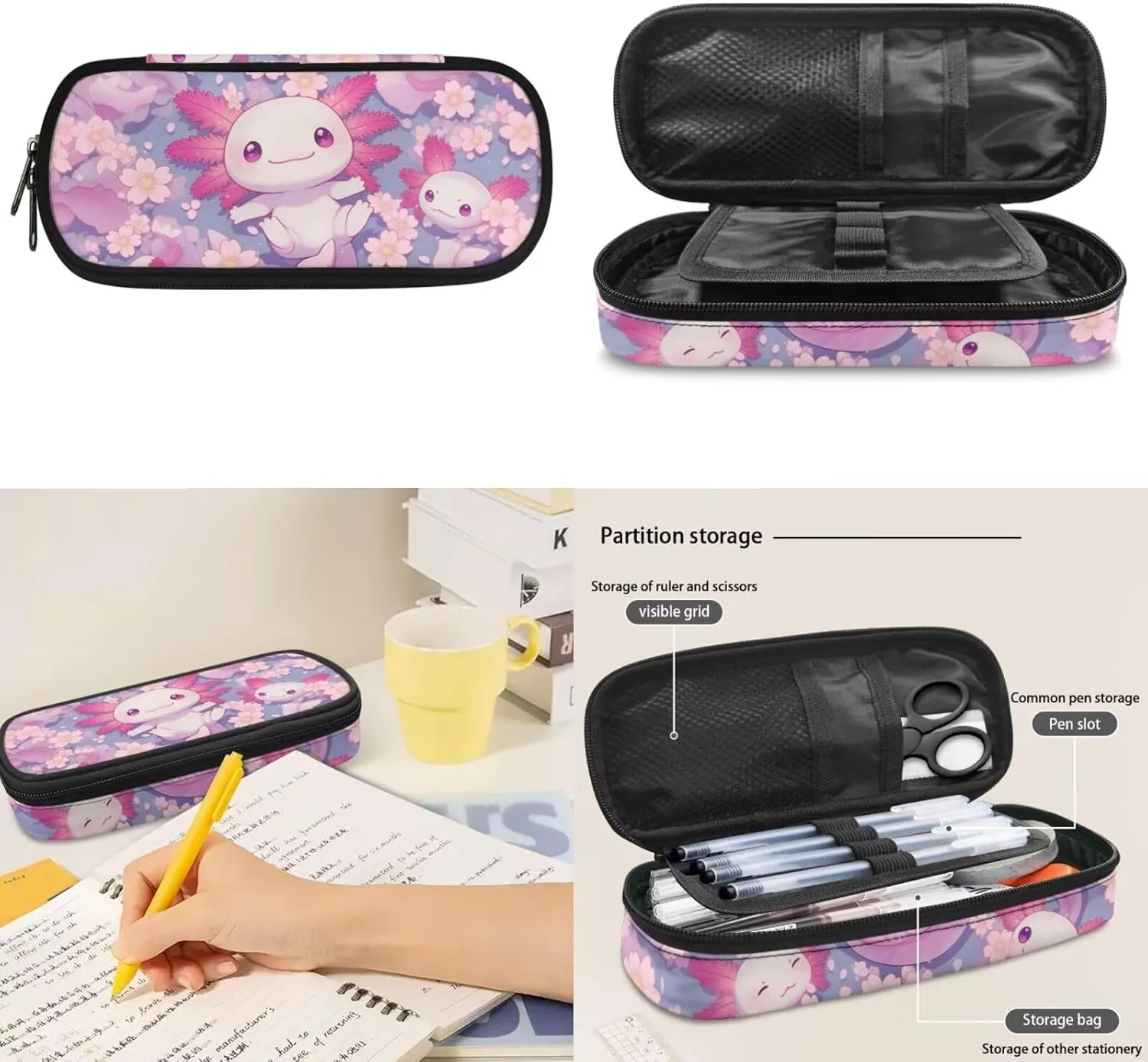 Axolotl Girls 3 PCS Backpack 4-6 Years Old Kawaii Pink School Bag for Preschool Girls 2nd Grade Cherry Blossom Teens Bookbag with Lunch Box