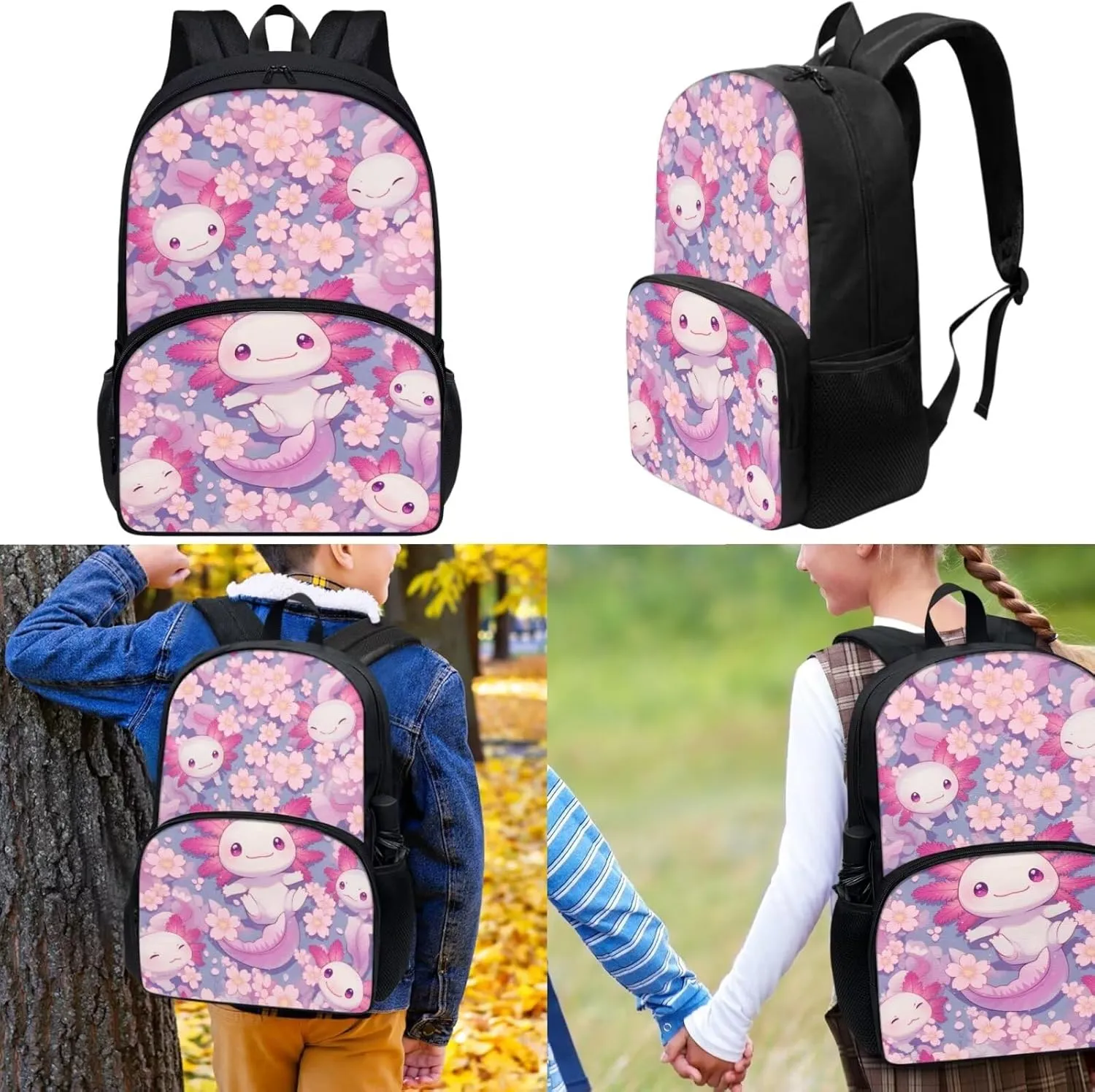 Axolotl Girls 3 PCS Backpack 4-6 Years Old Kawaii Pink School Bag for Preschool Girls 2nd Grade Cherry Blossom Teens Bookbag with Lunch Box
