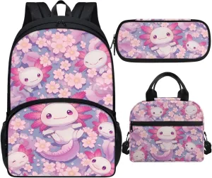 Axolotl Girls 3 PCS Backpack 4-6 Years Old Kawaii Pink School Bag for Preschool Girls 2nd Grade Cherry Blossom Teens Bookbag with Lunch Box
