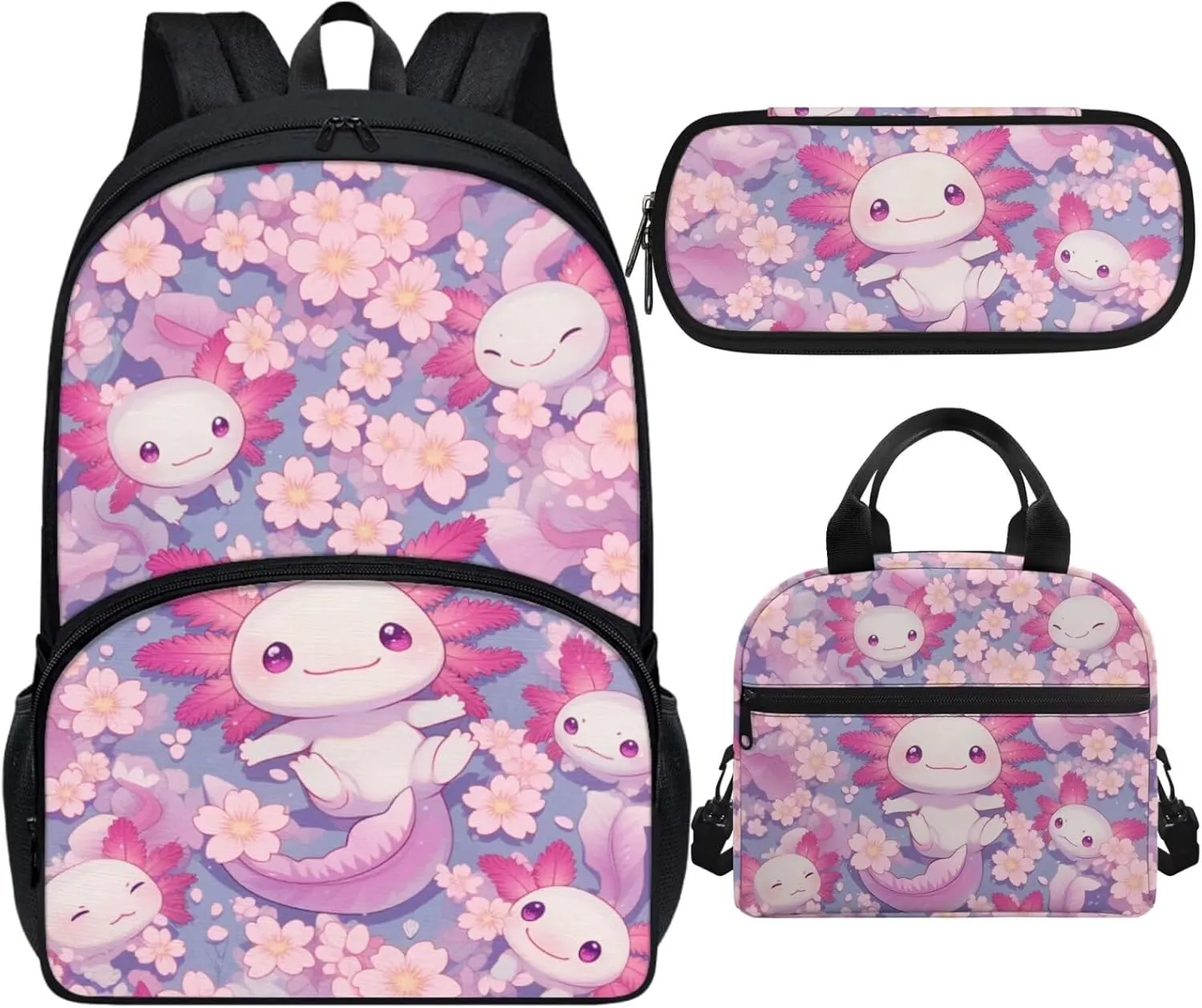 Axolotl Girls 3 PCS Backpack 4-6 Years Old Kawaii Pink School Bag for Preschool Girls 2nd Grade Cherry Blossom Teens Bookbag with Lunch Box