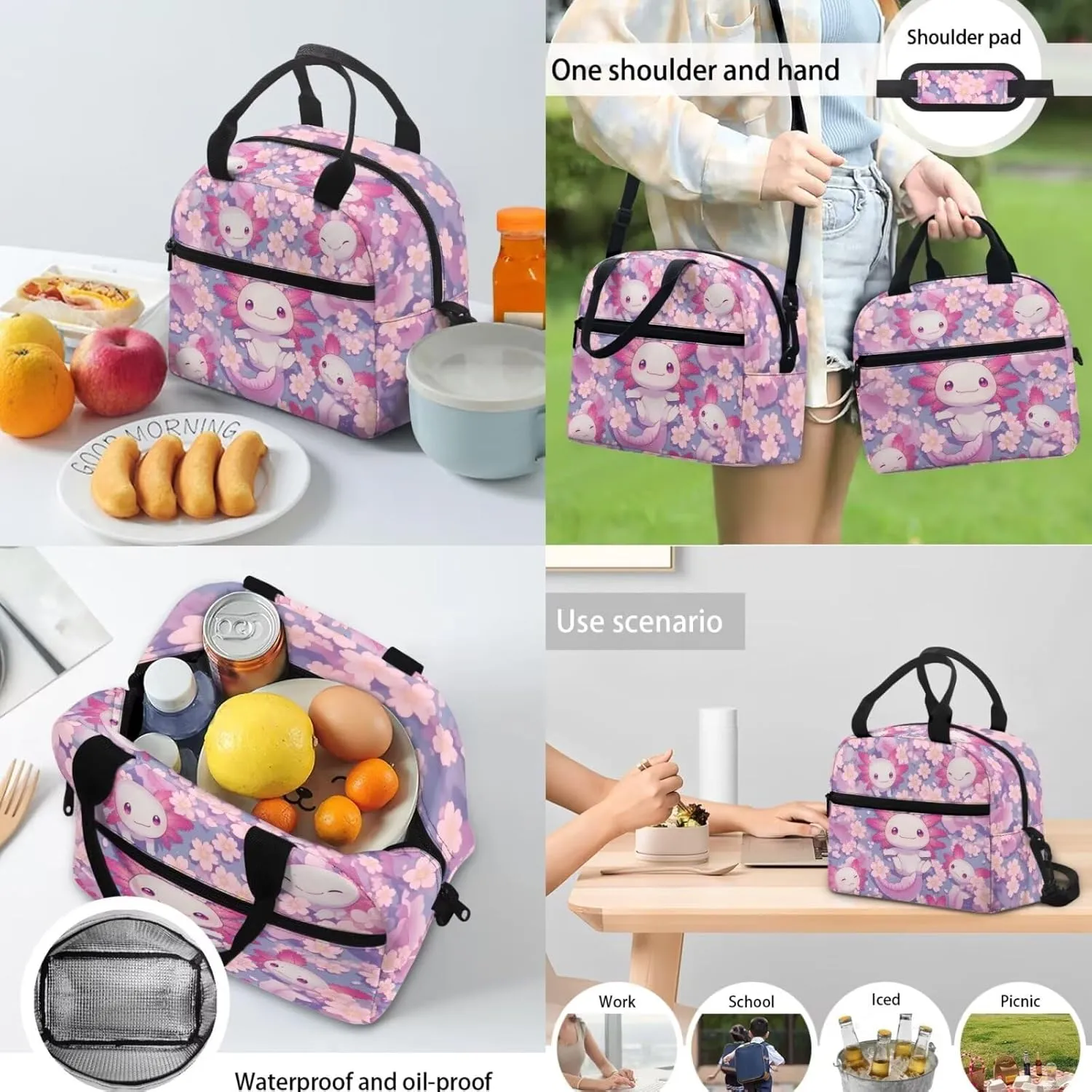 Axolotl Girls 3 PCS Backpack 4-6 Years Old Kawaii Pink School Bag for Preschool Girls 2nd Grade Cherry Blossom Teens Bookbag with Lunch Box