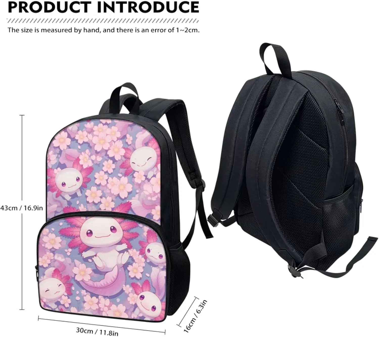 Axolotl Girls 3 PCS Backpack 4-6 Years Old Kawaii Pink School Bag for Preschool Girls 2nd Grade Cherry Blossom Teens Bookbag with Lunch Box