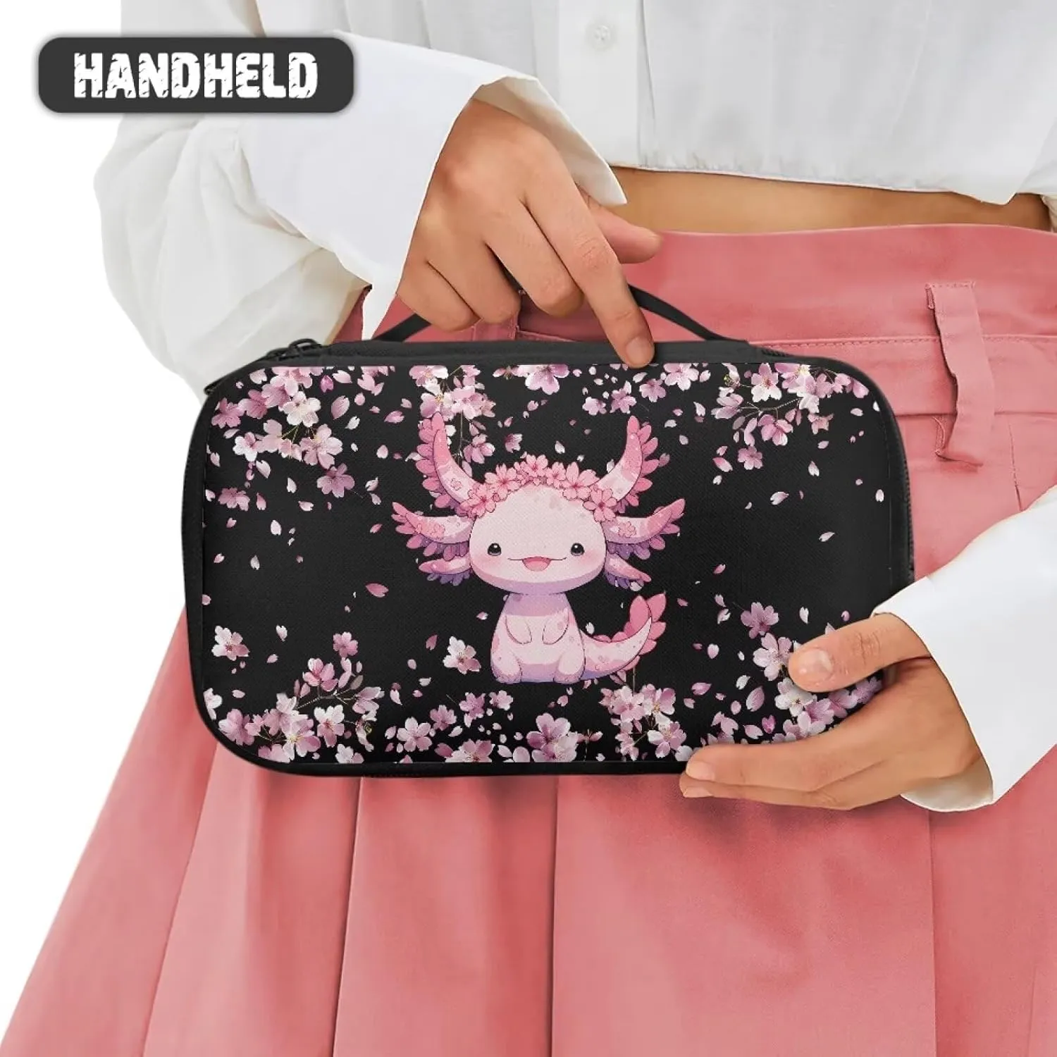 Axolotl Makeup Bag for Girls Cherry Blossom Cosmetic Bags for Women Travel Make Up Cases Organizers and Storage Portable Travel Toiletry Bag for Women Large Capacity Skincare Bag