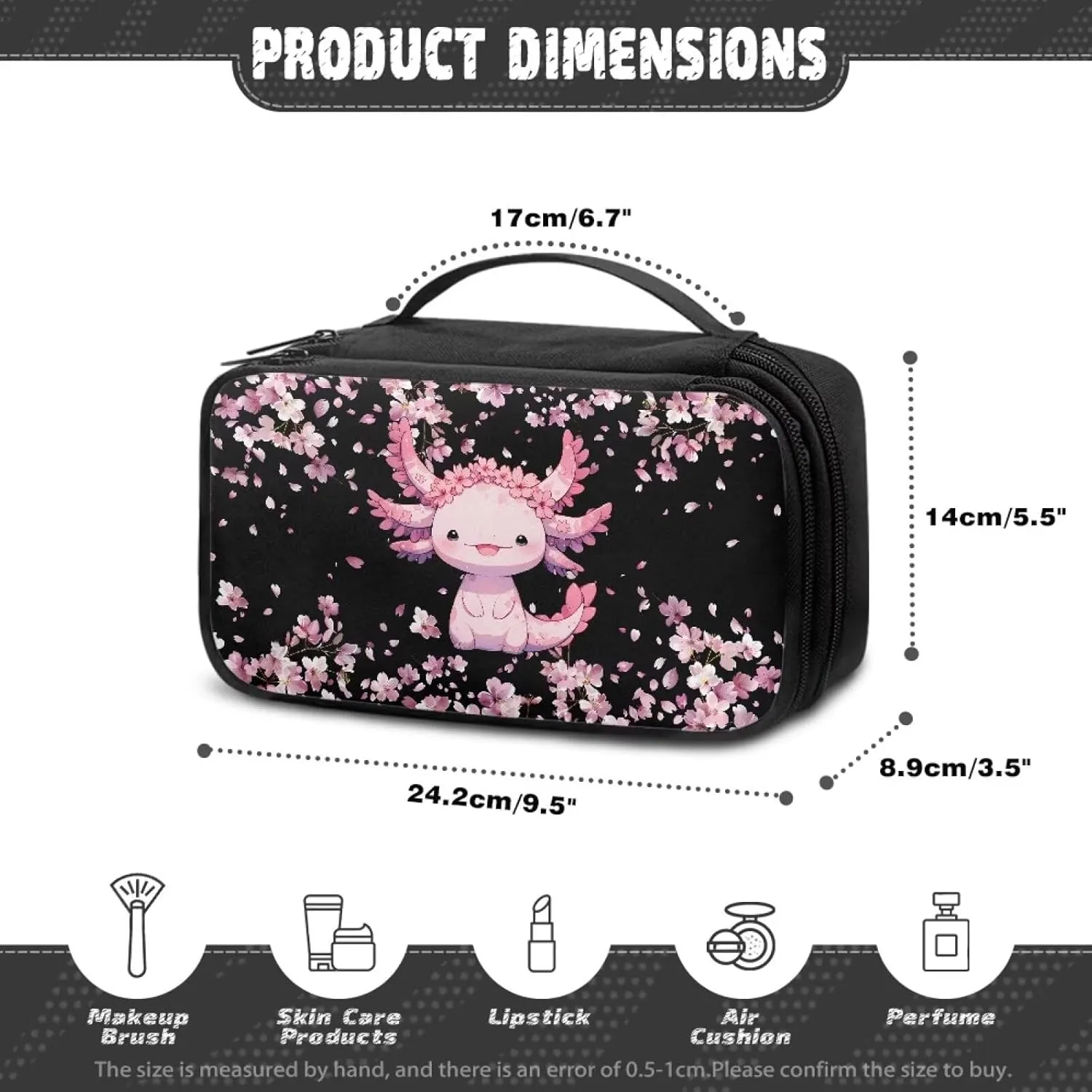 Axolotl Makeup Bag for Girls Cherry Blossom Cosmetic Bags for Women Travel Make Up Cases Organizers and Storage Portable Travel Toiletry Bag for Women Large Capacity Skincare Bag