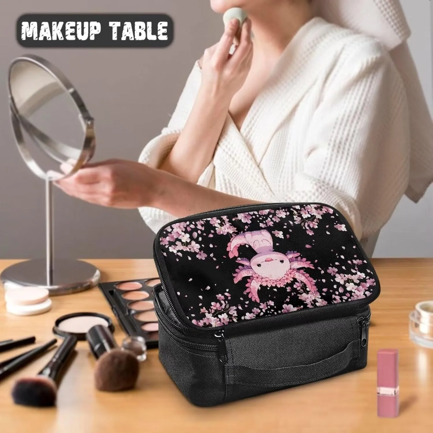 Axolotl Makeup Bag for Girls Cherry Blossom Cosmetic Bags for Women Travel Make Up Cases Organizers and Storage Portable Travel Toiletry Bag for Women Large Capacity Skincare Bag