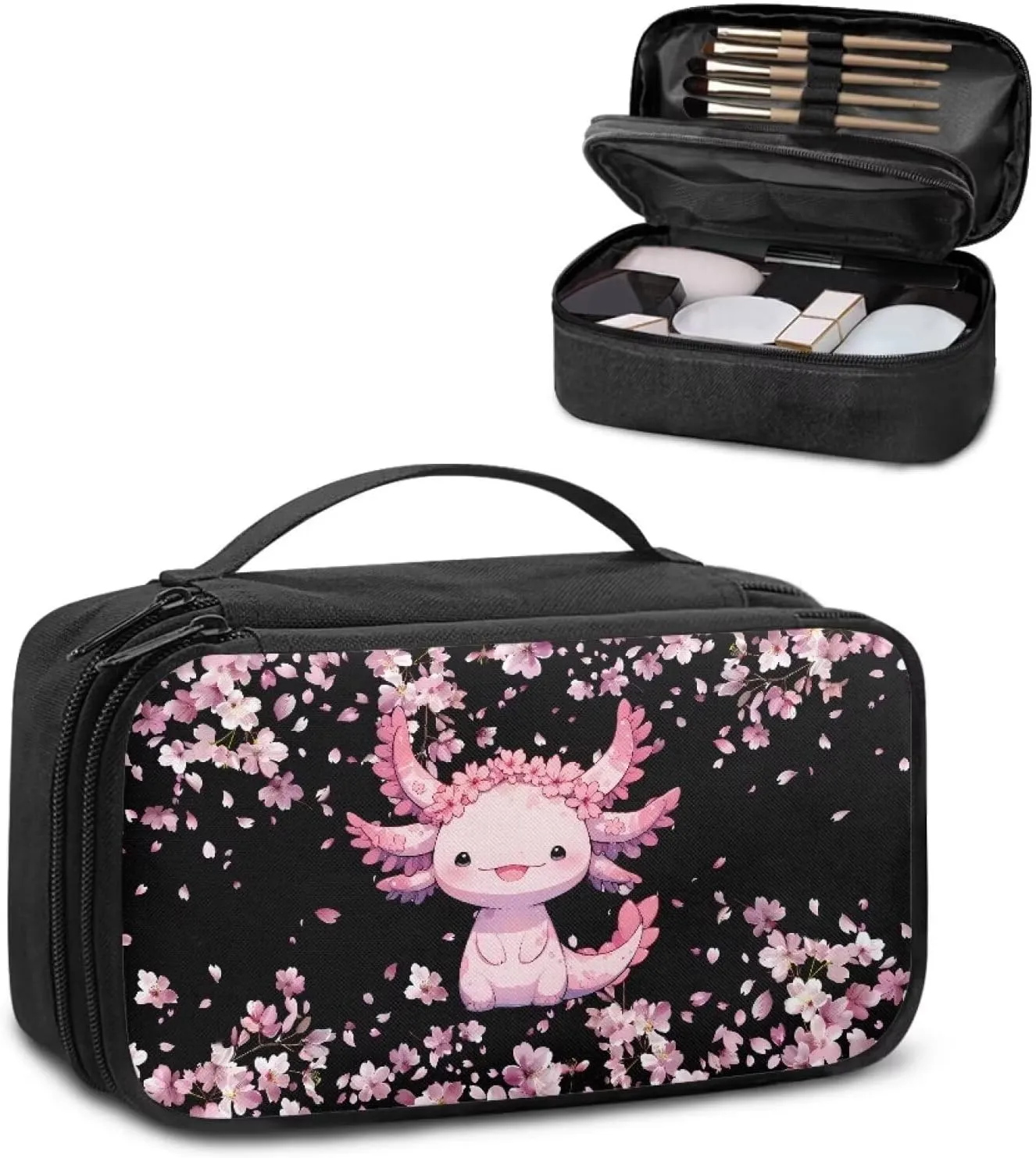 Axolotl Makeup Bag for Girls Cherry Blossom Cosmetic Bags for Women Travel Make Up Cases Organizers and Storage Portable Travel Toiletry Bag for Women Large Capacity Skincare Bag