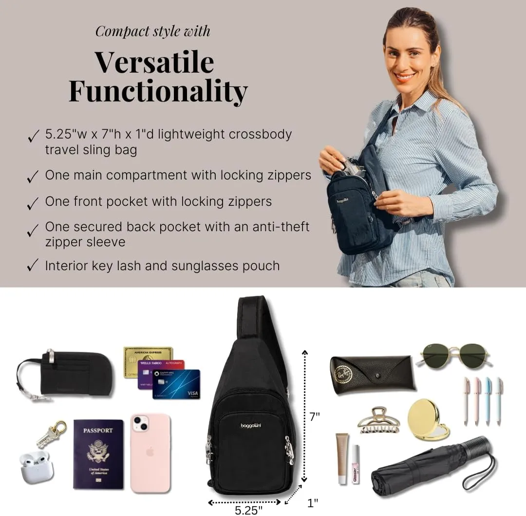 Baggallini Anti-Theft Daytripper Sling 7x12 Crossbody Travel Safe Bag W/Securtex Locking Zippers, Slash-Resistant & RFID