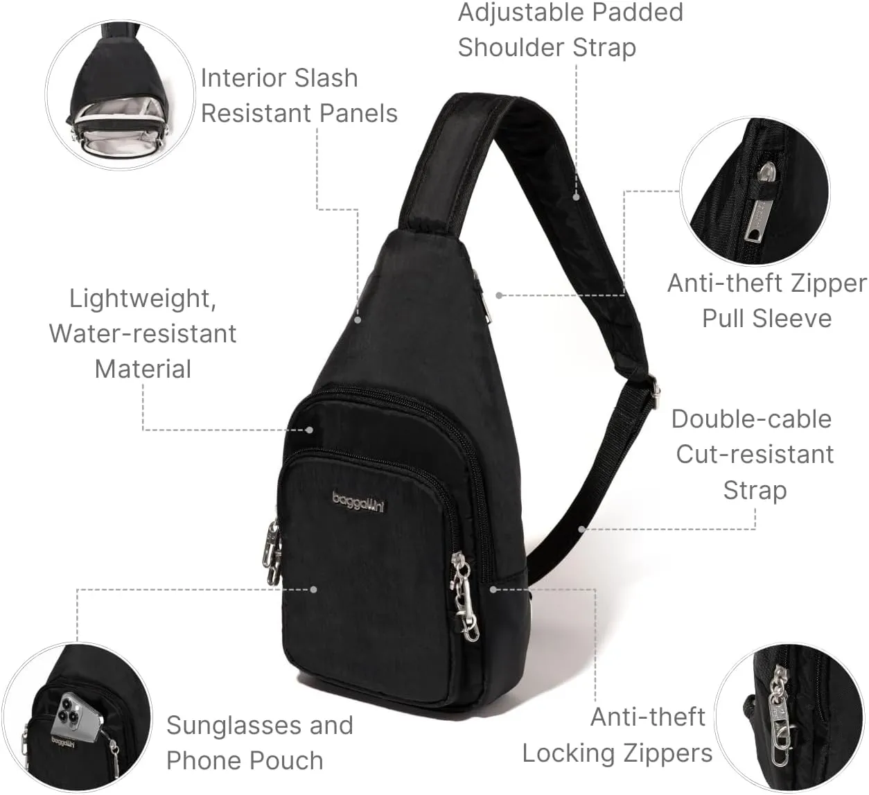 Baggallini Anti-Theft Daytripper Sling 7x12 Crossbody Travel Safe Bag W/Securtex Locking Zippers, Slash-Resistant & RFID