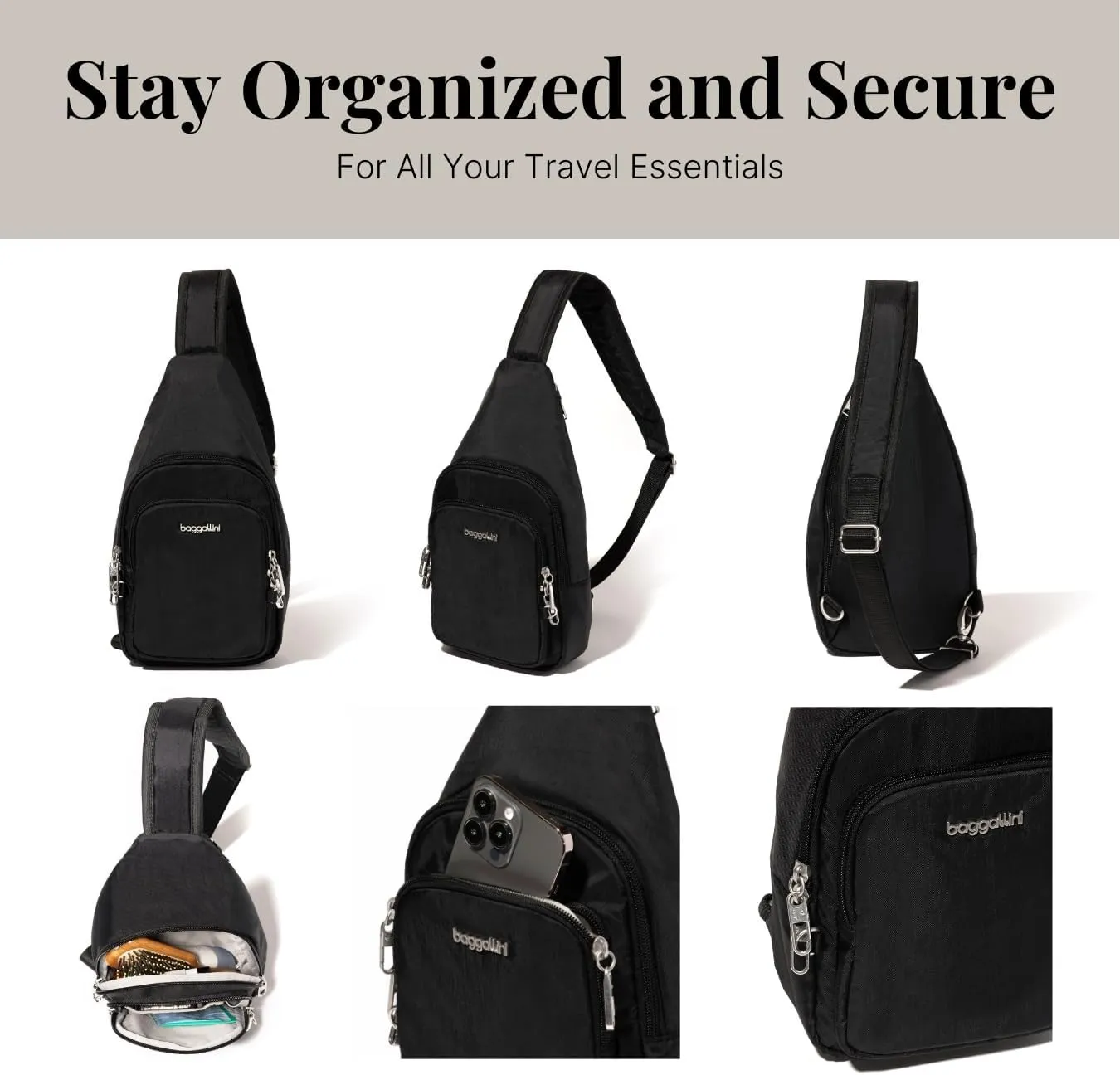 Baggallini Anti-Theft Daytripper Sling 7x12 Crossbody Travel Safe Bag W/Securtex Locking Zippers, Slash-Resistant & RFID
