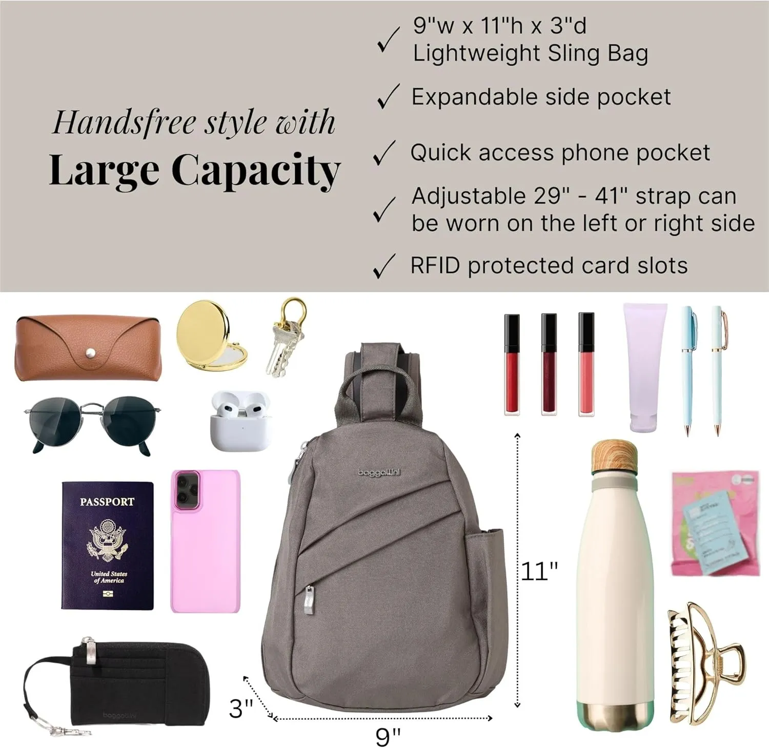 Baggallini Medium Sling Backpack - Lightweight Sling Bag with Convertible Adjustable Shoulder Strap