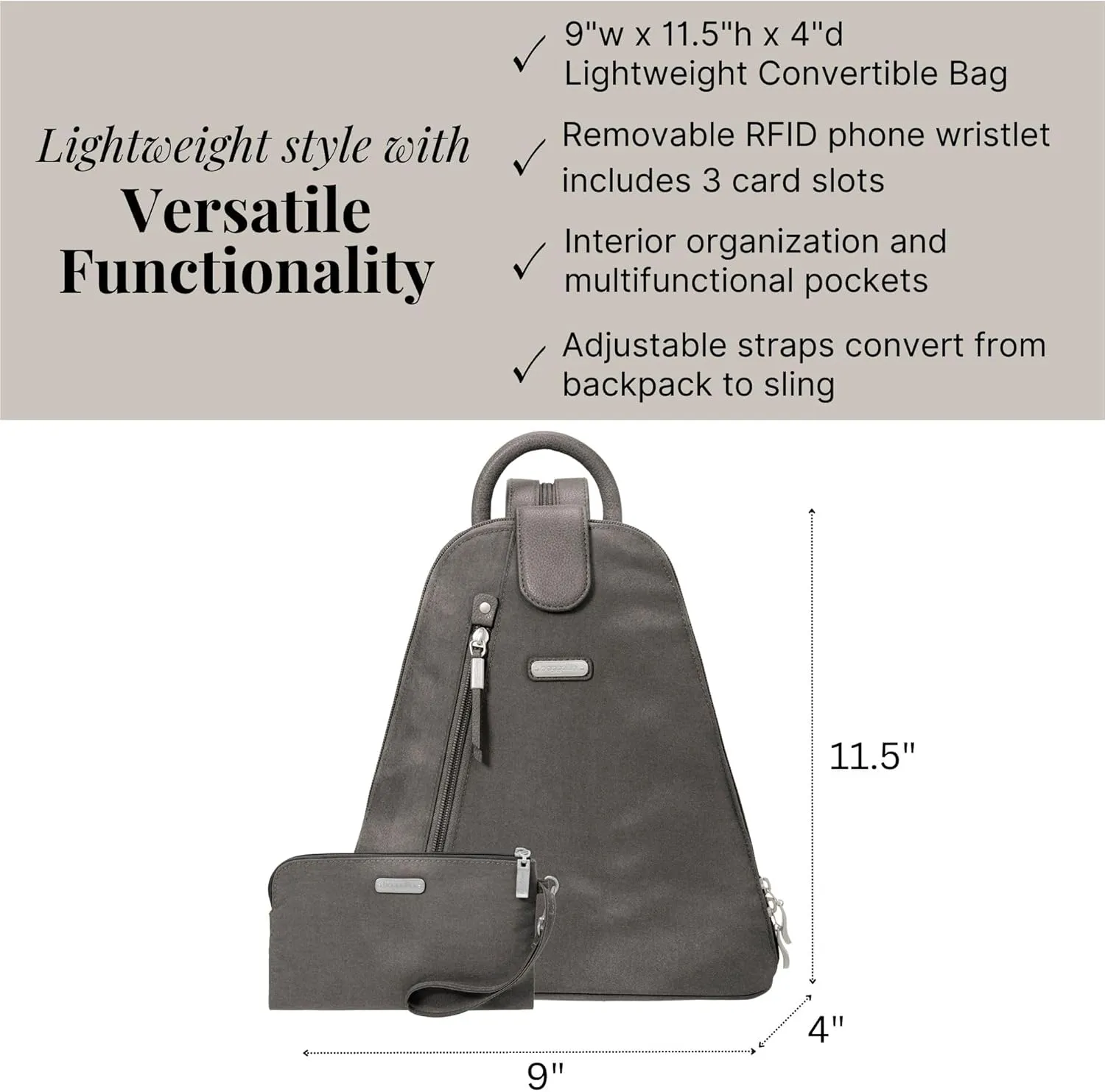 Baggallini Metro Backpack with RFID Phone Wristlet - 9x11 Convertible Sling Bag for Women with Adjustable Shoulder Straps