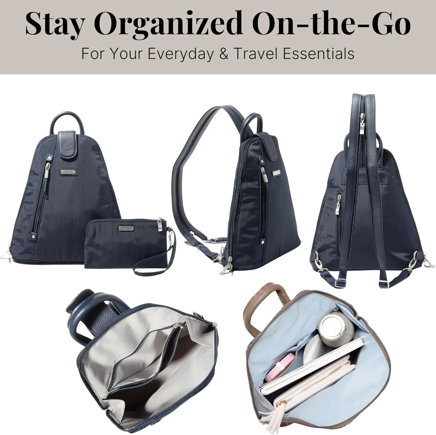 Baggallini Metro Backpack with RFID Phone Wristlet - 9x11 Convertible Sling Bag for Women with Adjustable Shoulder Straps