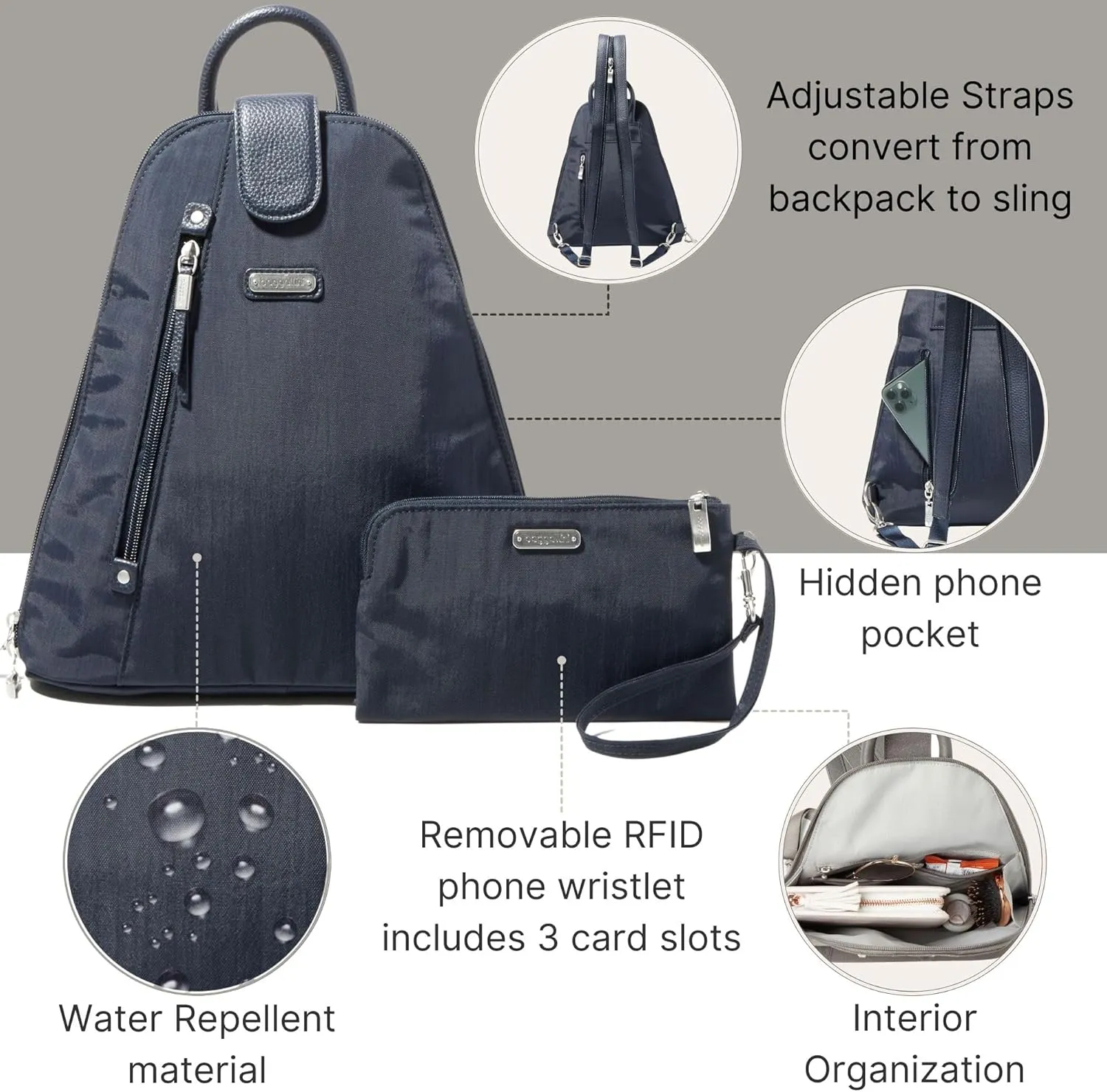 Baggallini Metro Backpack with RFID Phone Wristlet - 9x11 Convertible Sling Bag for Women with Adjustable Shoulder Straps