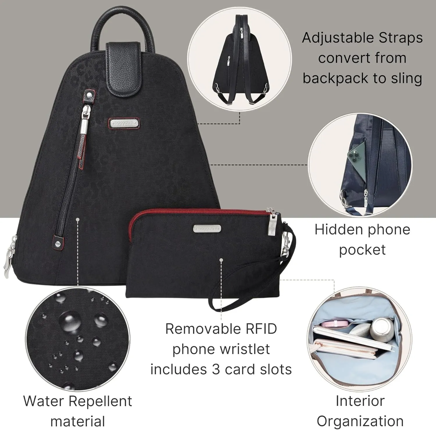 Baggallini Metro Backpack with RFID Phone Wristlet - 9x11 Convertible Sling Bag for Women with Adjustable Shoulder Straps