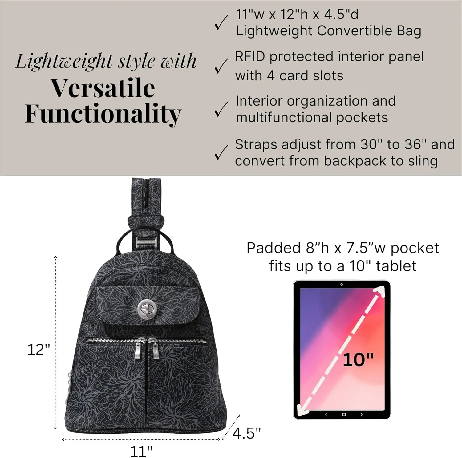 Baggallini Naples Convertible Small Daypack Sling Crossbody, Midnight Blossom