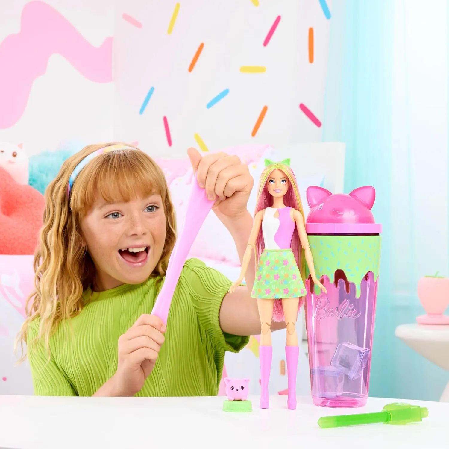 Barbie Pop Reveal Series Doll & Accessories Set, Shakes Series, Scented Cute Kitten Fashion Doll & Pet, 8 Surprises Include Color Change