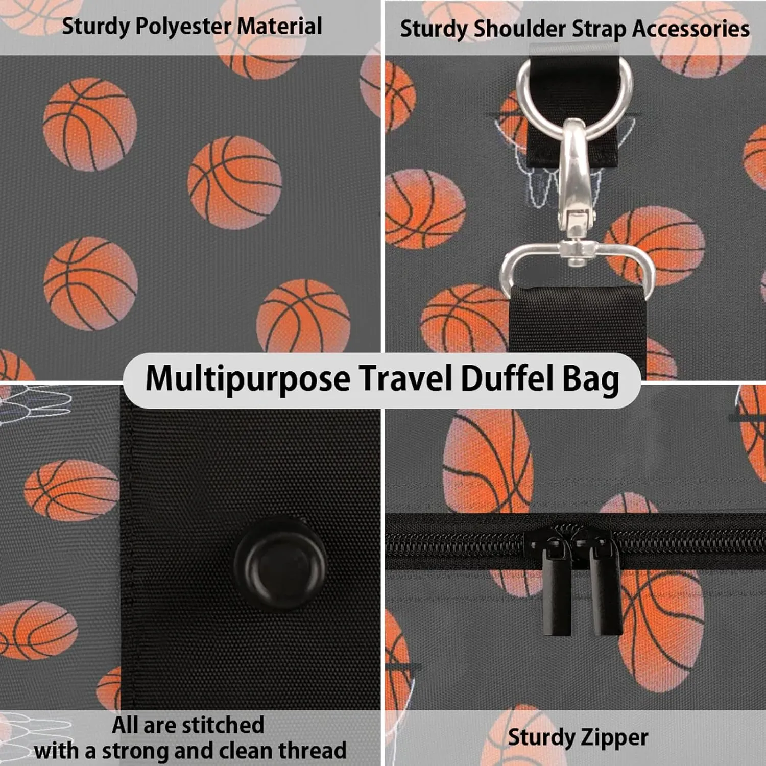 Basketball Travel Duffle Bag, Weekender Bags for Women Men Gray Carry on Overnight Bag Waterproof Gym Bags, Hospital Bag for Labor and Delivery