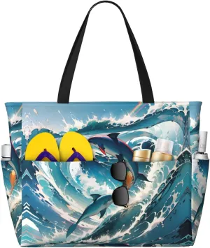 Beach Bag for Women, Waterproof Sandproof Beach Pool Travel Duffel Bags with 7 Pockets, Large Capacity Shoulder Tote Bag for Gym Travel Vacation Essential, Dolphins Leap Out Sea