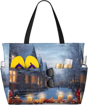 Beach Bags For Women Large Waterproof Sandproof Beach Tote Bag Lightweight Zipper Carry On Bag Christmas Atmosphere Pool Bag For Gym Travel Vocation