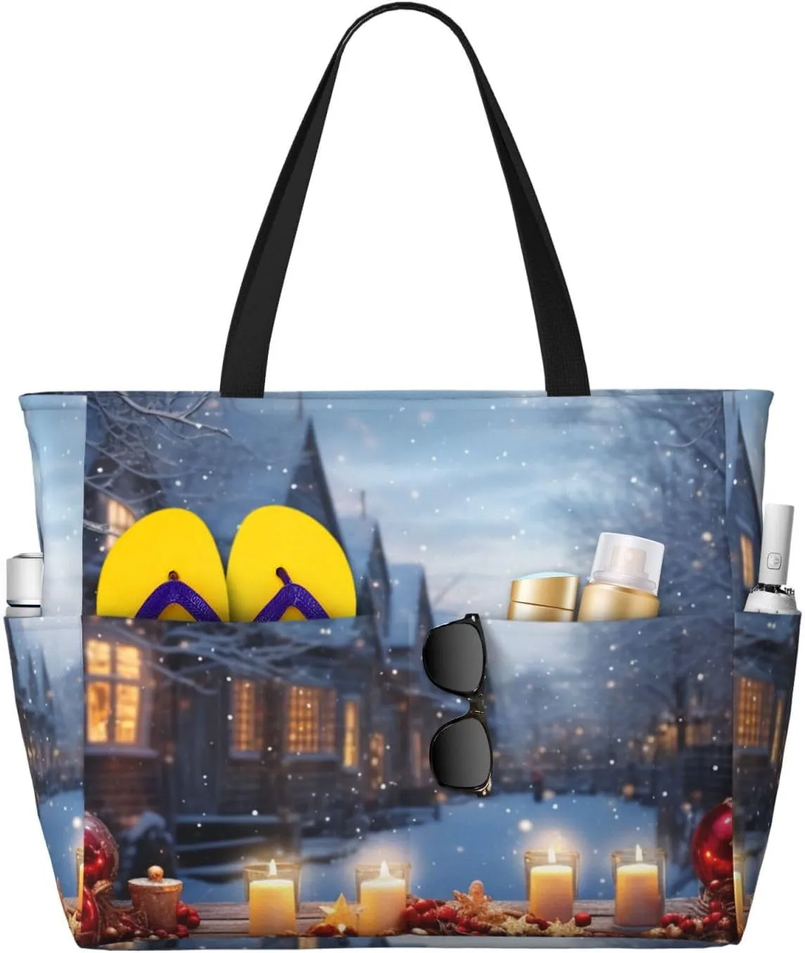 Beach Bags For Women Large Waterproof Sandproof Beach Tote Bag Lightweight Zipper Carry On Bag Christmas Atmosphere Pool Bag For Gym Travel Vocation