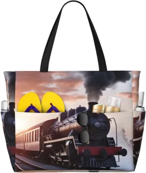 Beach Bags For Women Large Waterproof Sandproof Beach Tote Bag Lightweight Zipper Carry On Bag Steam Train Depart Sunset Pool Bag For Gym Travel Vocation