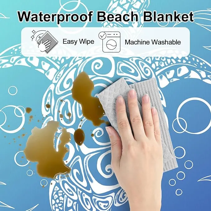 Beach Blanket, Large Waterproof Sandproof Beach Mat 78''×86'' 4 Adults, Lightweight Portable Sand Free Outdoor Beach Accessories with 4 Stakes for Picnic, Travel, Camping - Blue Gradient Sea Turtle