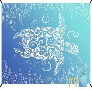 Beach Blanket, Large Waterproof Sandproof Beach Mat 78''×86'' 4 Adults, Lightweight Portable Sand Free Outdoor Beach Accessories with 4 Stakes for Picnic, Travel, Camping - Blue Gradient Sea Turtle